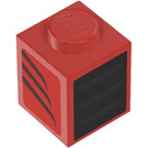 LEGO rot Backstein 1 x 1 mit Schwarz Gitter mit Schwarz Tapered Gebogen Streifen (Recht) Aufkleber (103714)