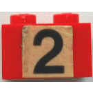 LEGO Red Brick 1 x 2 with '2' Sticker with Bottom Tube (3004)