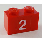 LEGO Red Brick 1 x 2 with '2' Sticker with Bottom Tube (3004)
