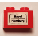 LEGO Red Brick 1 x 2 with 'Basel - Hamburg' Sticker with Bottom Tube (3004)