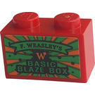LEGO Red Brick 1 x 2 with 'BASIC BLAZE BOX', 'F. WEASLEY'S' Sticker with Bottom Tube (3004)