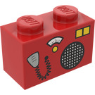 LEGO Red Brick 1 x 2 with CB Radio and Microphone Pattern with Bottom Tube (3004)