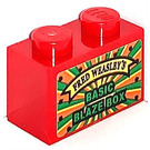 LEGO Red Brick 1 x 2 with 'FRED WEASLEY'S BASIC BLAZE BOX' Sticker with Bottom Tube (3004)