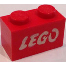LEGO rot Backstein 1 x 2 mit LEGO Logo (Samsonite) mit Unterrohr (3004 / 93792)