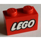 LEGO Red Brick 1 x 2 with Lego Logo with Closed 'O' with Bottom Tube (3004)