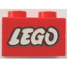 LEGO rot Backstein 1 x 2 mit Lego Logo mit open 'O' mit Unterrohr (3004 / 93792)
