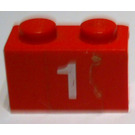 LEGO Rood Steen 1 x 2 met Number 1 Sticker met buis aan de onderzijde (3004)