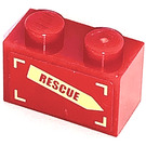 LEGO rouge Brique 1 x 2 avec 'RESCUE' sur Jaune La Flèche (La gauche) Autocollant avec tube inférieur (3004)