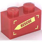 LEGO Red Brick 1 x 2 with 'RESCUE' on Yellow Arrow (Right) Sticker with Bottom Tube (3004)