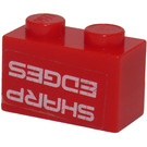 LEGO Red Brick 1 x 2 with 'SHARP EDGES' Sticker with Bottom Tube (3004)