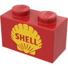 LEGO Röd Kloss 1 x 2 med Shell logotyp (older version) med bottenrör (3004)