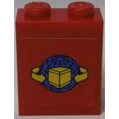 LEGO Red Brick 1 x 2 x 2 with Yellow Box and Arrows with Blue Globe Sticker with Inside Stud Holder (3245)
