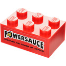 LEGO Red Brick 2 x 3 with 'POWERSAUCE' and 'UNLEASH THE POWER OF APPLES!' Sticker (3002)