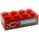 LEGO rouge Brique 2 x 4 avec Coffee Cup et Argent Panneau Autocollant (3001)
