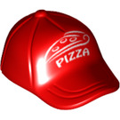 LEGO Red Cap with Short Curved Bill with White 'PIZZA' Pattern (18324 / 93219)