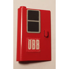 LEGO Red Door 1 x 3 x 4 Left with Black Window and 'OBB' Sticker with Solid Hinge (445)