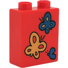 LEGO Red Duplo Brick 1 x 2 x 2 with Butterflies without Bottom Tube (4066)