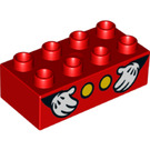LEGO Red Duplo Brick 2 x 4 with 2 Yellow Buttons and Mickey Mouse Hands (3011 / 43815)