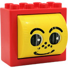 LEGO Red Duplo Brick 2 x 4 x 3 with yellow drum with face with freckles