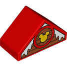 LEGO Red Duplo Slope 2 x 4 (45°) with Wood Panelling, Snow and Mickey Mouse Motif (29303 / 52334)