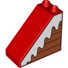 LEGO Red Duplo Slope 2 x 4 x 3 (45°) with Wood Panelling and Snow (49570 / 57694)