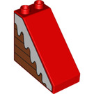 LEGO Red Duplo Slope 2 x 4 x 3 (45°) with Wood Panelling and Snow (49570 / 57695)