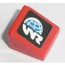 LEGO rouge Pente 1 x 1 (31°) avec 'WR' et Demi globe (La gauche Côté) Autocollant (35338)