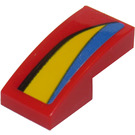 LEGO rot Steigung 1 x 2 Gebogen mit Schwarz, Gelb und Blau Streifen (Recht) Aufkleber (11477)
