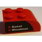 LEGO Red Slope Brick 2 x 3 with Curved Top with 'Guest Woodman' Left Sticker (6215)