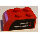 LEGO Red Slope Brick 2 x 3 with Curved Top with 'Guest Woodman' Right Sticker (6215)