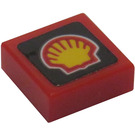LEGO Rood Tegel 1 x 1 met Shell logo Sticker met groef (3070)