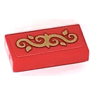 LEGO Red Tile 1 x 2 with Golden Ornaments Sticker with Groove (3069)