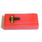 LEGO Red Tile 1 x 2 with Handle, Yellow Background Sticker with Groove (3069)