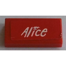 LEGO Red Tile 1 x 2 with White 'Alice' Sticker with Groove (3069)