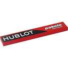 LEGO Red Tile 1 x 6 with "HUBLOT" and "Pakelo Lubricants" - Left Sticker (6636)