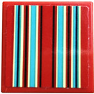 LEGO Red Tile 2 x 2 with Black, White and Medium Azure Stripes Sticker with Groove (3068)