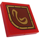 LEGO Red Tile 2 x 2 with Gold Pattern on the Left Sticker with Groove (3068)