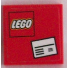 LEGO rot Fliese 2 x 2 mit Weiß Letter und Lego Logo Aufkleber mit Nut (3068)