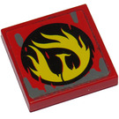 LEGO rot Fliese 2 x 2 mit Gelb Phoenix Flames im Schwarz Kreis und Dark Bluish Grau Splatter Aufkleber mit Nut (3068)
