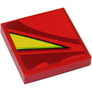 LEGO Red Tile 2 x 2 with Yellow Triangle (Right) Sticker with Groove (3068)