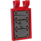 LEGO Red Tile 2 x 3 with Horizontal Clips with Damaged Gray Armor Sticker ('U' Clips) (30350)