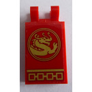LEGO Red Tile 2 x 3 with Horizontal Clips with Gold Dragon Right Sticker (Angled Clips) (30350)