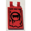 LEGO Red Tile 2 x 3 with Horizontal Clips with Tattered Flag with Black Circle and Fangs (Model Left) Sticker (Thick Open 'O' Clips) (30350)