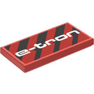 LEGO Red Tile 2 x 4 with ‘e-tron’ and Diagonal Black Stripes Sticker (87079)