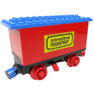 LEGO Red Train Battery Box Car with "International TRANSPORT" Stickers