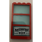 LEGO Red Window 1 x 4 x 6 with 3 Panes and Transparent Light Blue Fixed Glass with "Restaurant" Sticker (6160)