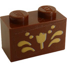 LEGO Reddish Brown Brick 1 x 2 with Gold Flower Sticker with Bottom Tube (3004)