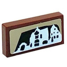LEGO Reddish Brown Tile 1 x 2 with Landscape with Houses Sticker with Groove (3069)