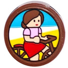 LEGO Roodachtig Bruin Tegel 2 x 2 Ronde met Picture of een Woman Aan een Fiets (Ellie) Sticker met Studhouder aan de onderzijde (14769)