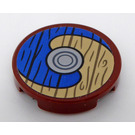 LEGO Reddish Brown Tile 2 x 2 Round with Viking Shield Blue / Tan and Wood Grain Sticker with Bottom Stud Holder (14769)